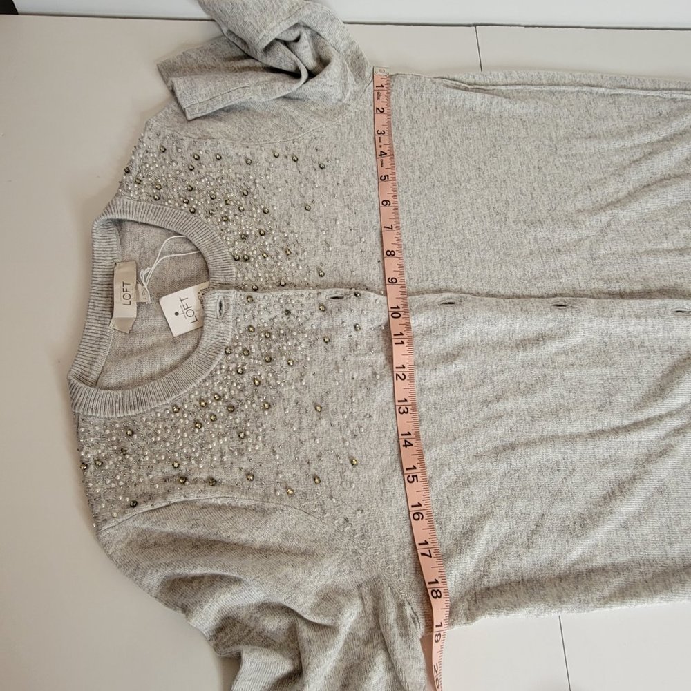 LOFT Women's Beaded Light Grey Long Sleeve Sweater Cardigan, Size L NWT - Picture 5 of 12